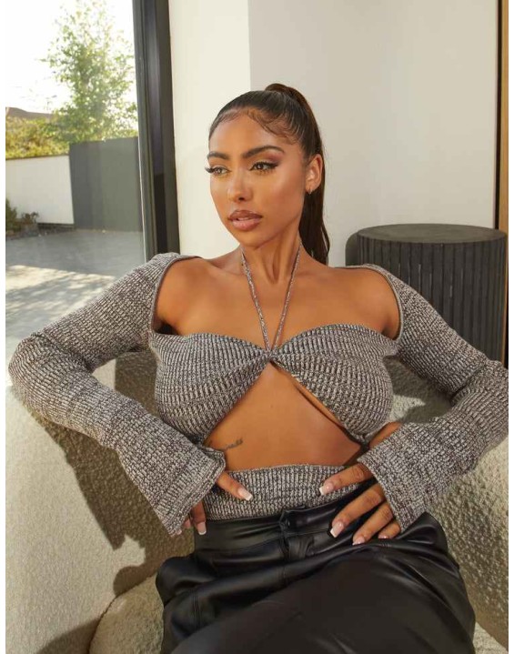 Space Dye Cut Out Strappy Long Sleeve Bodysuit Brown