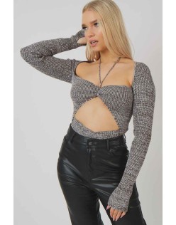 Space Dye Cut Out Strappy Long Sleeve Bodysuit Brown
