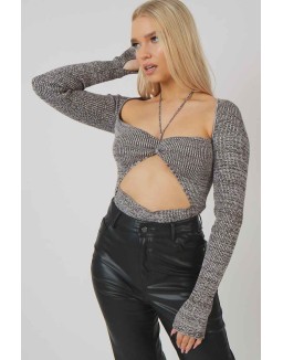 Space Dye Cut Out Strappy Long Sleeve Bodysuit Brown