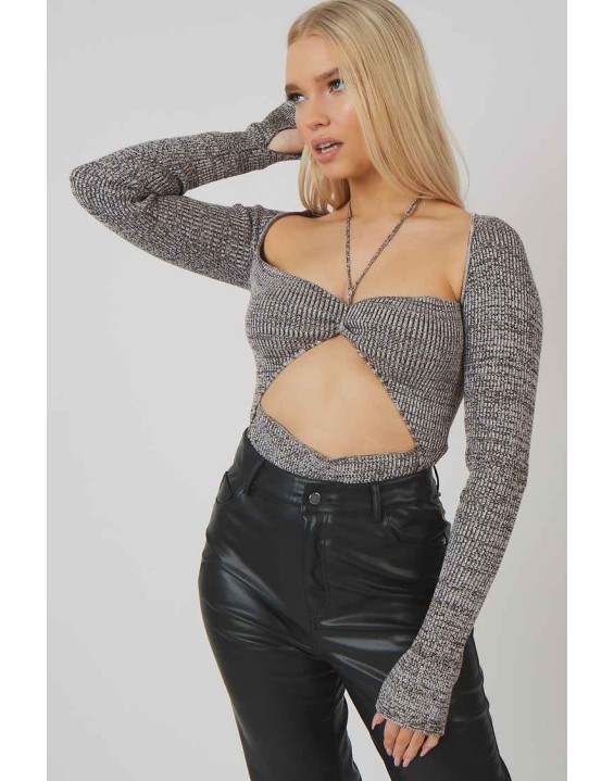 Space Dye Cut Out Strappy Long Sleeve Bodysuit Brown