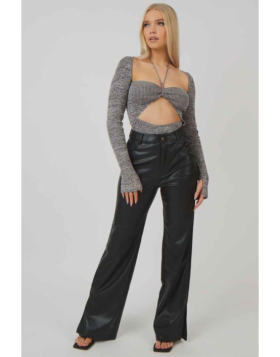 Space Dye Cut Out Strappy Long Sleeve Bodysuit Brown