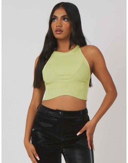 Knitted High Neck Racer Crop Top Lime