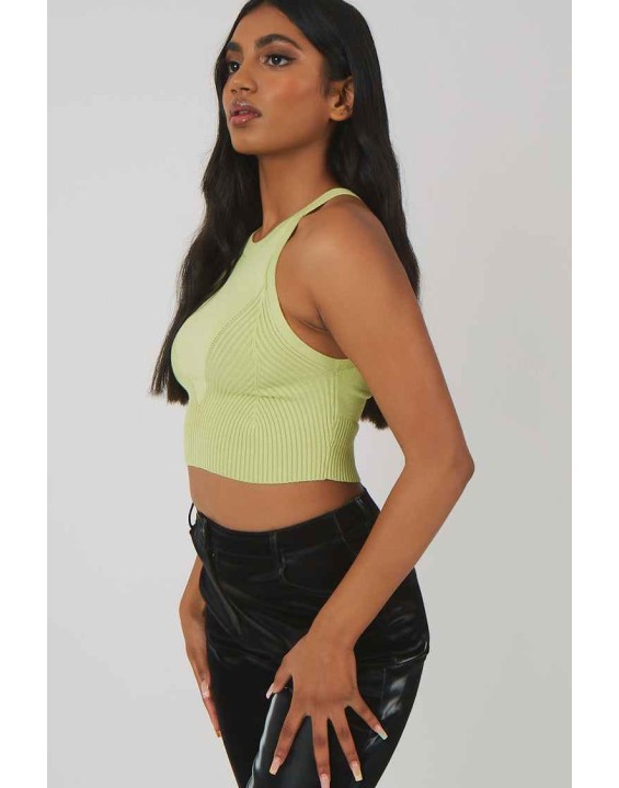 Knitted High Neck Racer Crop Top Lime