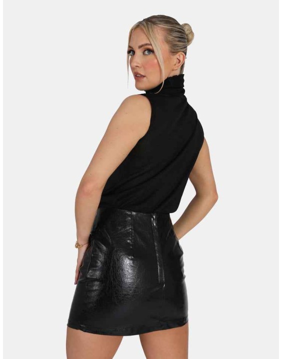 Sheer Knit Roll Neck Top In Black