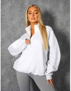 Oversized Half Zip Pullover Pocket Front Sweatshirt Oatmeal Marl
