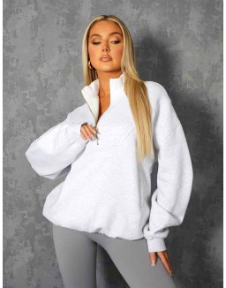 Oversized Half Zip Pullover Pocket Front Sweatshirt Oatmeal Marl