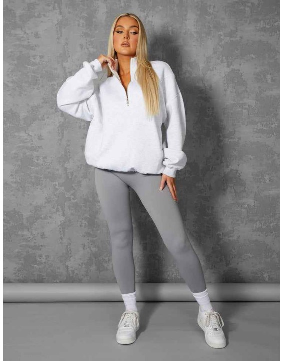 Oversized Half Zip Pullover Pocket Front Sweatshirt Oatmeal Marl