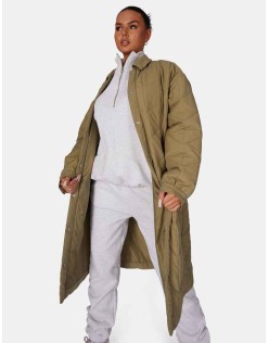 Chevron Quilted Longline Jacket Khaki
