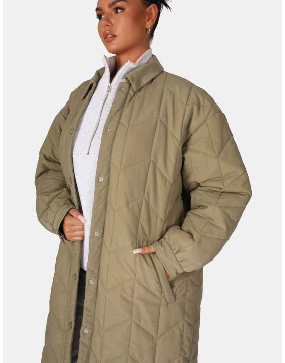 Chevron Quilted Longline Jacket Khaki