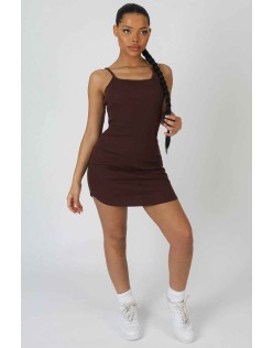 Strappy Mini Curved Hem Dress Coffee