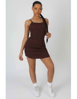 Strappy Mini Curved Hem Dress Coffee