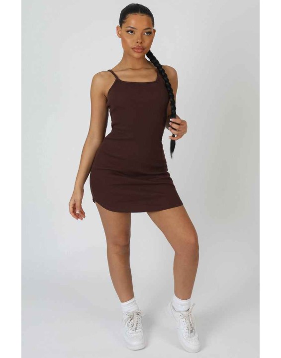 Strappy Mini Curved Hem Dress Coffee