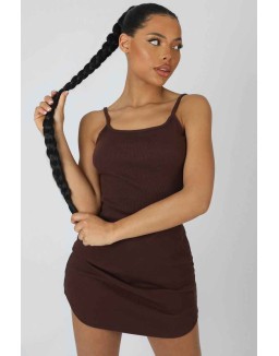 Strappy Mini Curved Hem Dress Coffee
