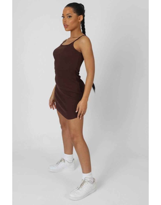 Strappy Mini Curved Hem Dress Coffee