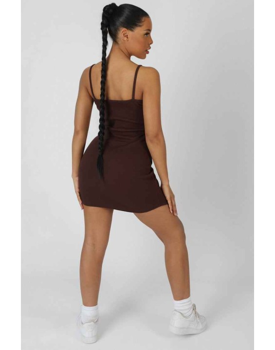 Strappy Mini Curved Hem Dress Coffee