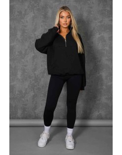 Oversized Half Zip Pullover Pocket Front Sweatshirt Black