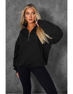 Oversized Half Zip Pullover Pocket Front Sweatshirt Black