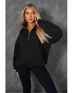 Oversized Half Zip Pullover Pocket Front Sweatshirt Black