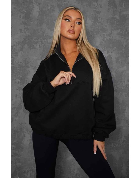Oversized Half Zip Pullover Pocket Front Sweatshirt Black