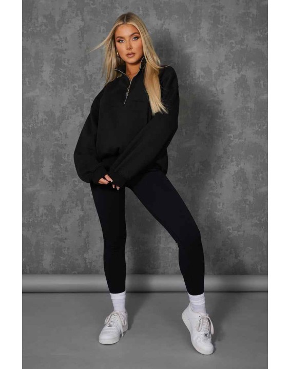 Oversized Half Zip Pullover Pocket Front Sweatshirt Black