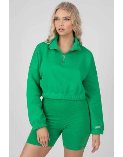 Oversized Half Zip Pullover Gathered Hem Sweat Green