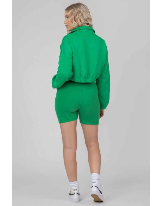 Oversized Half Zip Pullover Gathered Hem Sweat Green