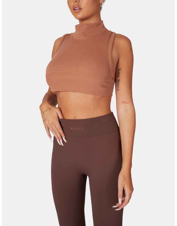 High Neck Racer Low Side Rib Crop Top Cinnamon