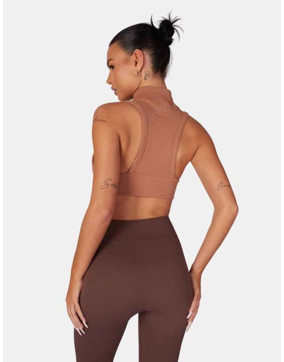 High Neck Racer Low Side Rib Crop Top Cinnamon