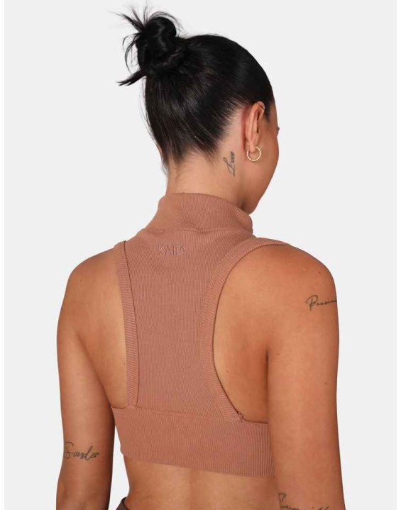 High Neck Racer Low Side Rib Crop Top Cinnamon