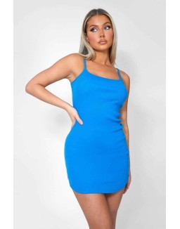 Strappy Mini Curved Hem Dress Blue
