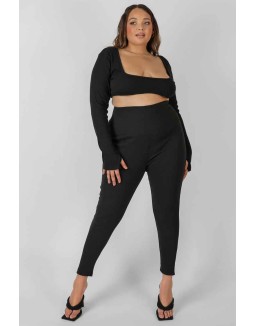 Curve Thick Waistband Ribbed Leggings Black