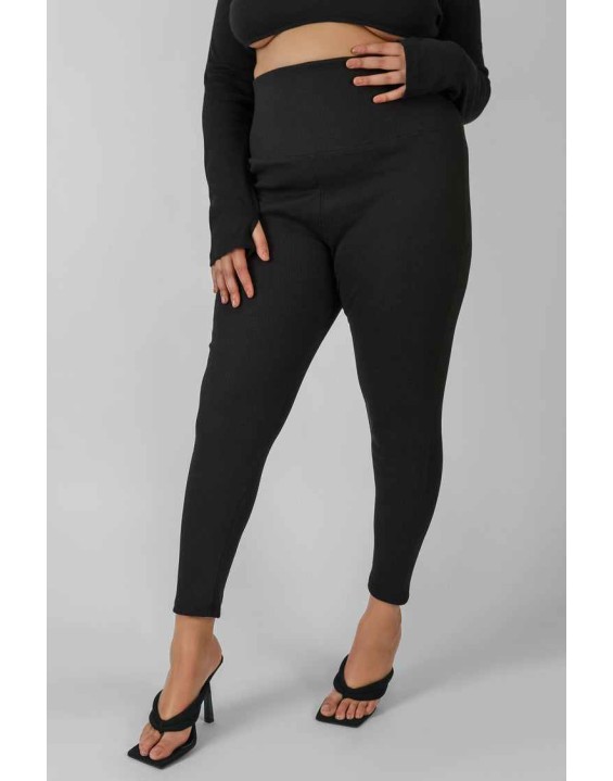 Curve Thick Waistband Ribbed Leggings Black