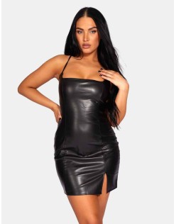 Lace Up Pu Mini Dress Black