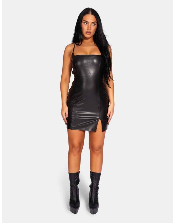 Lace Up Pu Mini Dress Black