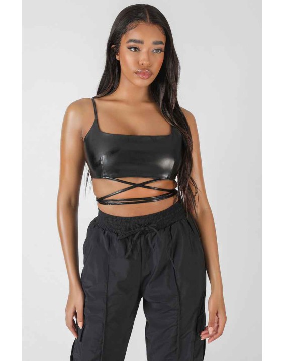Pu Square Neck Wrap Bralet Black