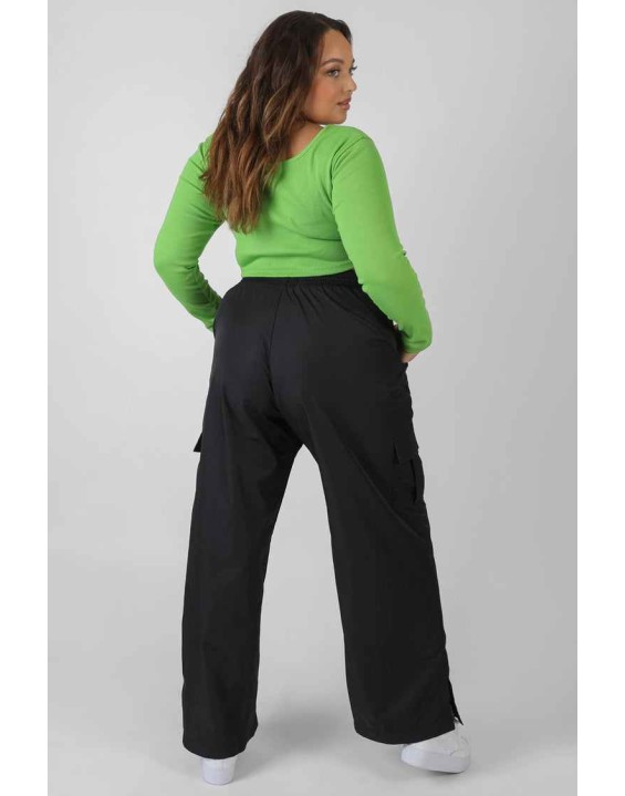 Curve Split Black Hem Cargo Trousers Black