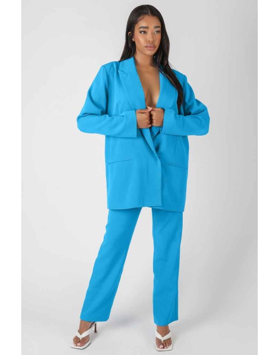 Wrap Waistband Straight Leg Trouser Blue