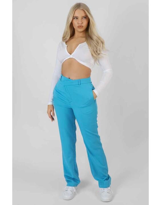 Wrap Waistband Straight Leg Trouser Blue