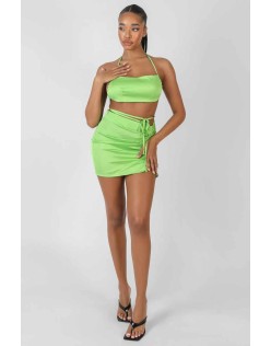 Satin Ruched Detail Mini Skirt Green