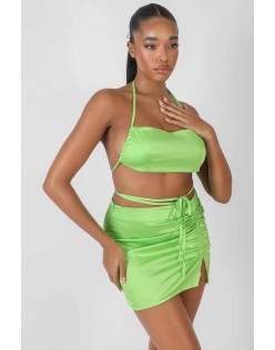 Satin Ruched Detail Mini Skirt Green