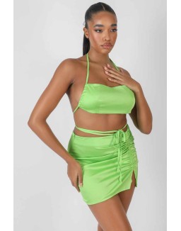 Satin Ruched Detail Mini Skirt Green