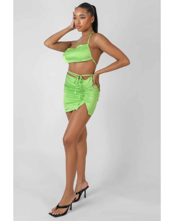 Satin Ruched Detail Mini Skirt Green
