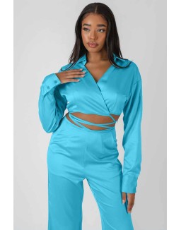 Wrap Cropped Shirt Blue