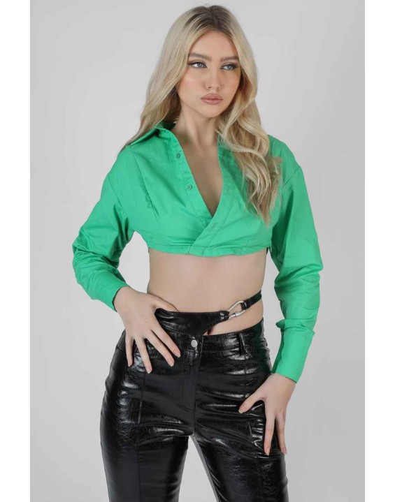 Wrap Cropped Poplin Shirt Green