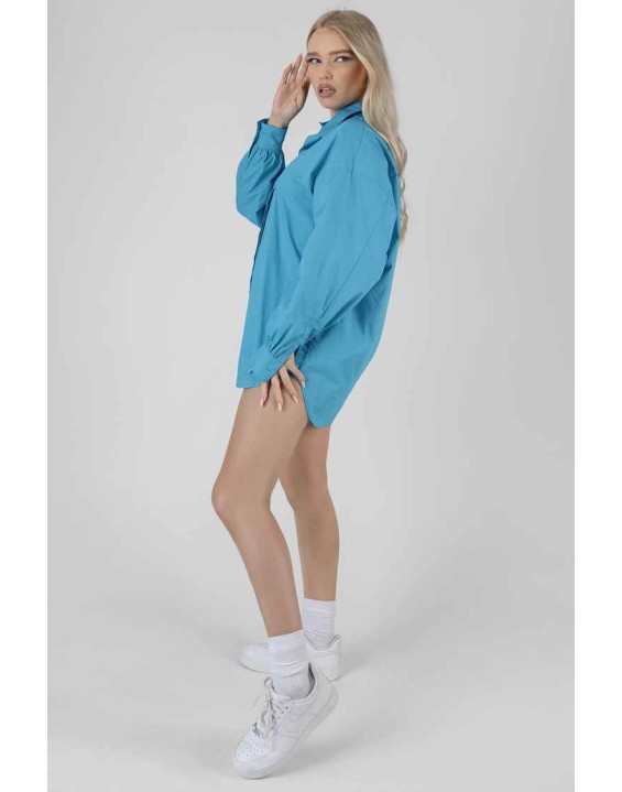 Kaiia Print Oversized Poplin Shirt Blue