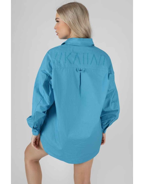 Kaiia Print Oversized Poplin Shirt Blue