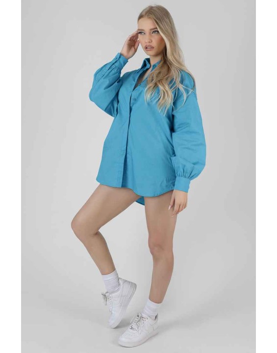 Kaiia Print Oversized Poplin Shirt Blue