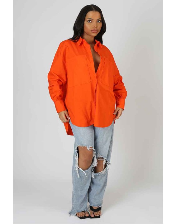 Oversized Pocket Poplin Shirt Orange