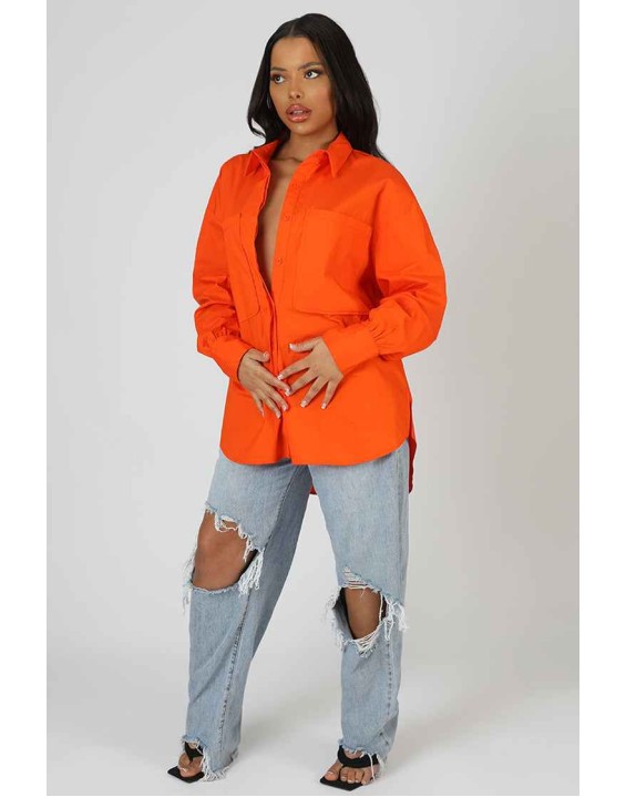 Oversized Pocket Poplin Shirt Orange