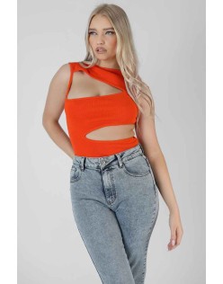 Asymmetric Cut Away Bodysuit Orange